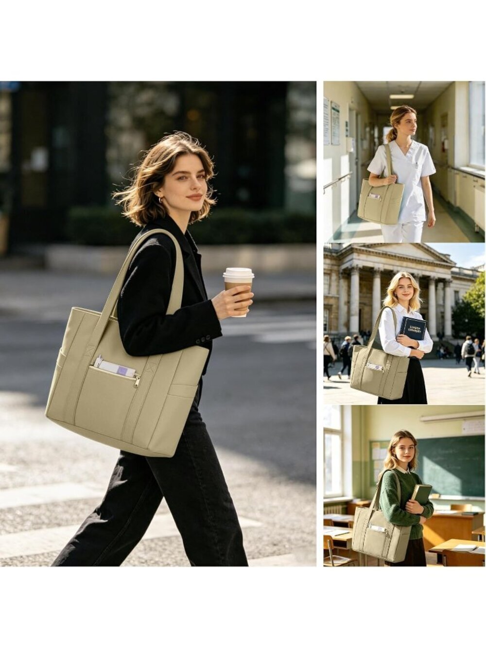 Women Brown Lightweight Nylon Tote Zipper Laptop Work Nurse Bag - Picture 2 of 6